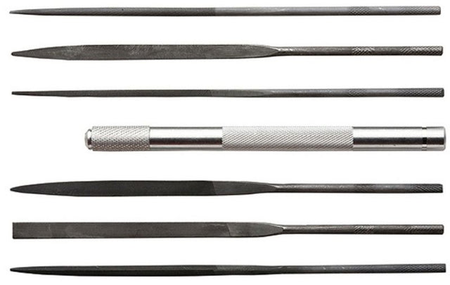 Hobby Tool needle files set with aluminum handle, includes 6 precision files for wood, metal, and plastic tasks.