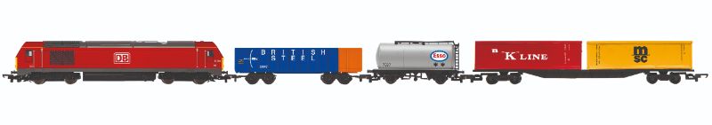 Hornby Red Rover Train Set featuring a DB Class 67 locomotive, various freight wagons, and a 3rd radius track for model railroads.