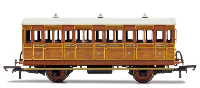 Hornby GNR 4WC 3rd Class coach model with fitted lights, ideal for collectors and railway dioramas.
