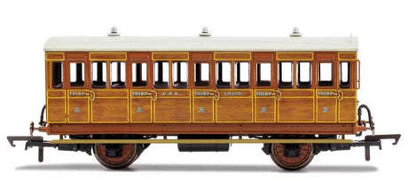 Hornby GNR 4WC 3rd Class coach model with fitted lights, ideal for collectors and railway dioramas.