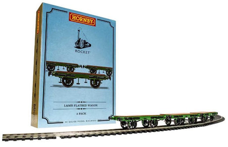 Hornby L&MR Flat Bed Wagon Pack featuring 3 intricately detailed wagons inspired by Stephenson's Rocket for model railways.