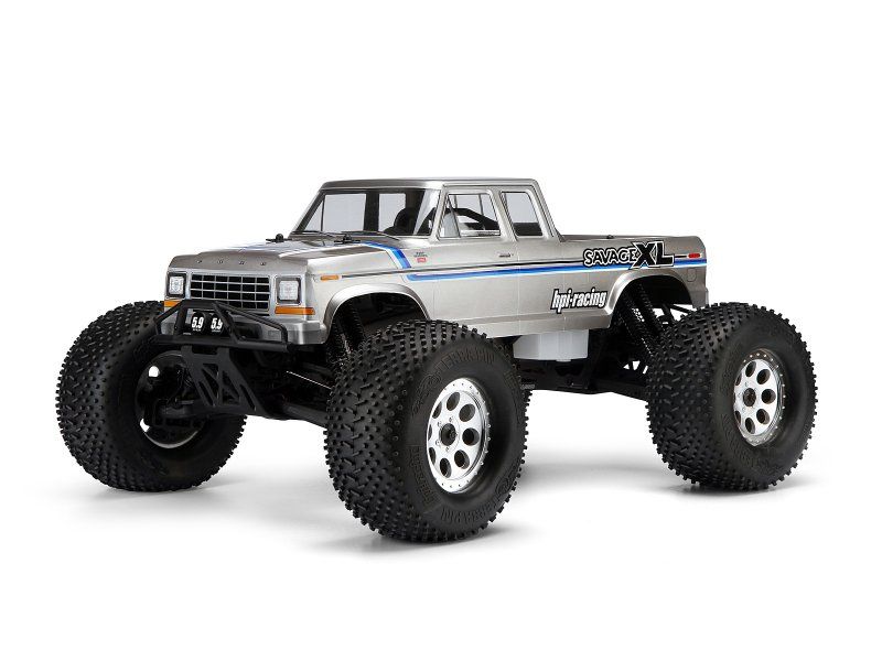 Iconic '79 Ford F-150 Supercab body for Savage XL trucks, features clear polycarbonate for custom paint and included decals.