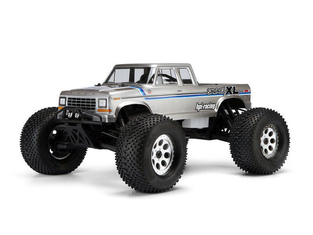 Iconic '79 Ford F-150 Supercab body for Savage XL trucks, features clear polycarbonate for custom paint and included decals.
