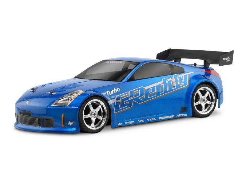 Radio control body for Nissan 350Z GReddy, designed for 1/10 touring cars, showcasing detailed styling and twin-turbo enhancements.