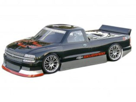 Detailed 1999 Chevrolet Silverado body for 1/10 RC cars, 200mm wide, includes decals, window mask, and aerodynamic spoiler.