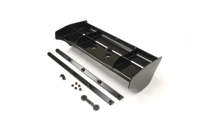 Kyosho MP9 black wing with Gurney flap enhances aerodynamics and downforce for superior off-road racing performance.