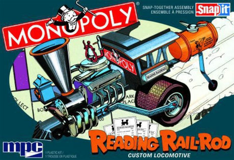 Monopoly Rail Rod Custom Locomotive model kit in 1:25 scale, featuring easy snap-together assembly and vibrant decals.