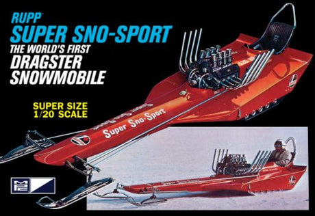 1/20 scale model kit of Rupp Sno-Sport Dragster with 98 parts, chrome accents, and customizable decals for ages 10+.