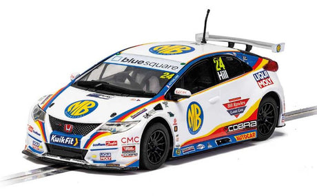 Slot car model of Jake Hill's BTCC Civic Type R #24, showcasing detailed design and high-speed racing performance.