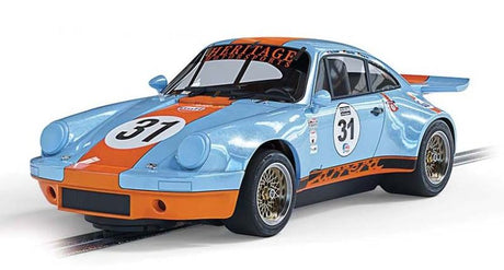 Iconic Gulf Porsche 911 RSR 3.0 slot car in vibrant blue and orange, perfect for racing and collectors.
