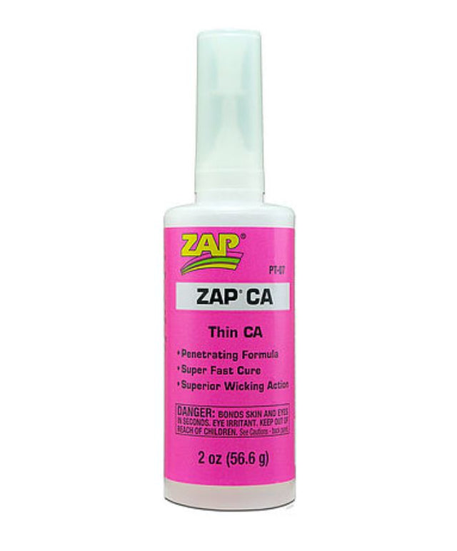 ZAP CA Thin (56.6g) super glue ensures precise, clear bonding for metal, wood, rubber, ceramics, and most plastics.