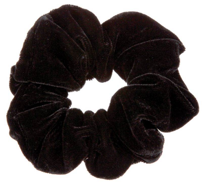 Black velvet scrunchie combining elegance and functionality, perfect for secure hair styling and reducing damage.