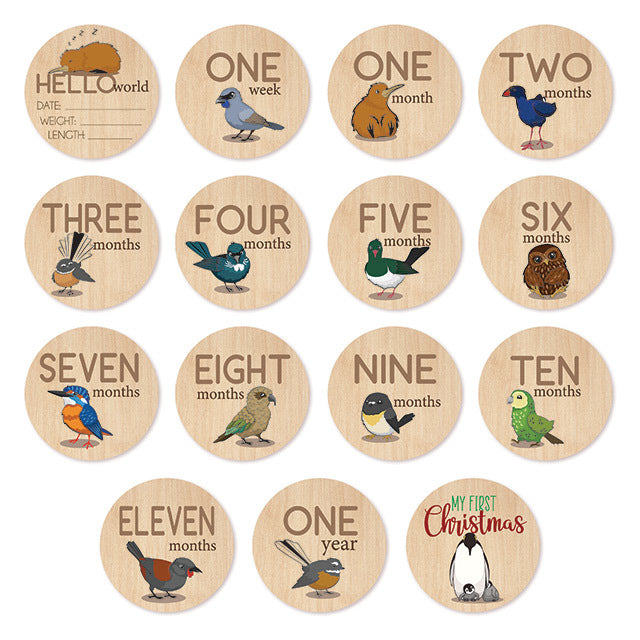 Milestone Discs Set featuring 15 NZ native bird fabric stickers for capturing baby's first year milestones.