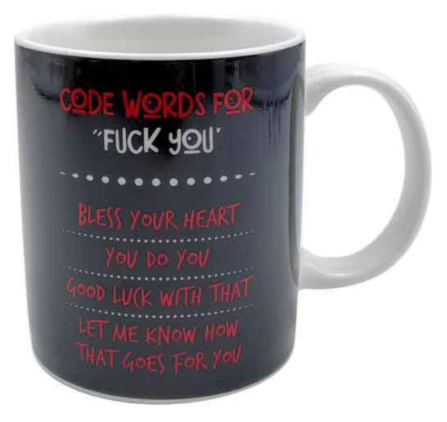 Ceramic 12oz mug featuring witty code words, ideal for coffee, tea, or soup, with a comfortable grip handle.