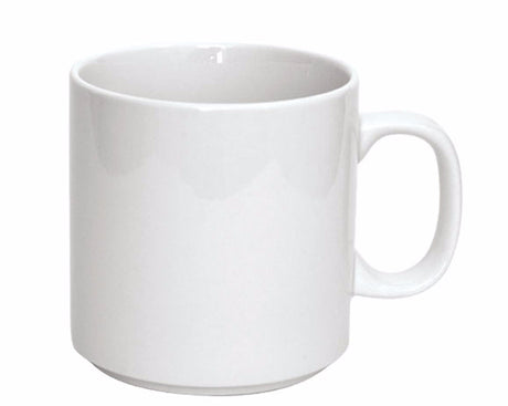 Set of 6 premium white porcelain stacking coffee mugs, 260ml, perfect for hospitality use and easy storage.