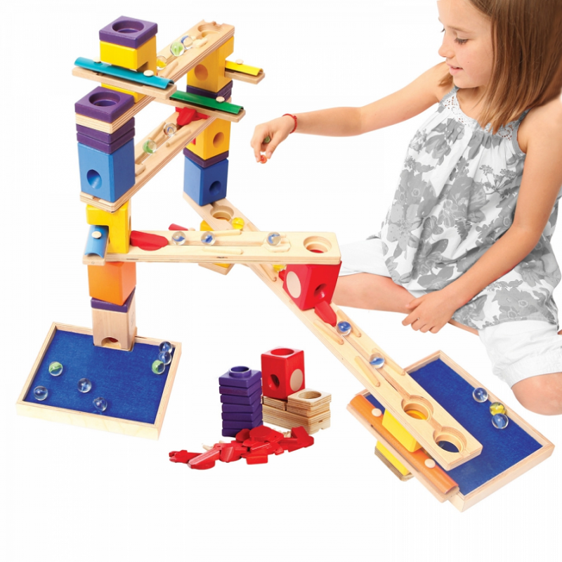 Colorful wooden marble run featuring xylophone keys for musical play, promoting creativity and fine motor skills in children.