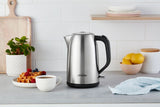 Brushed stainless steel kettle with 1.7L capacity, 2400W fast boil, and easy one-handed lid release for quick filling.