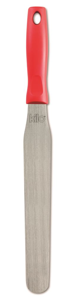 Large 11-inch Kilo Pallet Knife with stainless steel blade and comfortable red handle, ideal for spreading and decorating cakes.