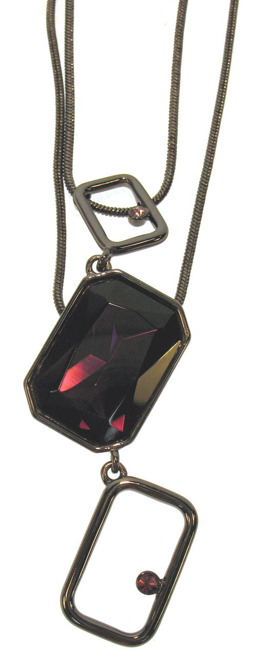 Purple rectangular crystal necklace in gunmetal frame, perfect for casual and formal styles. Elegant and eye-catching accessory.