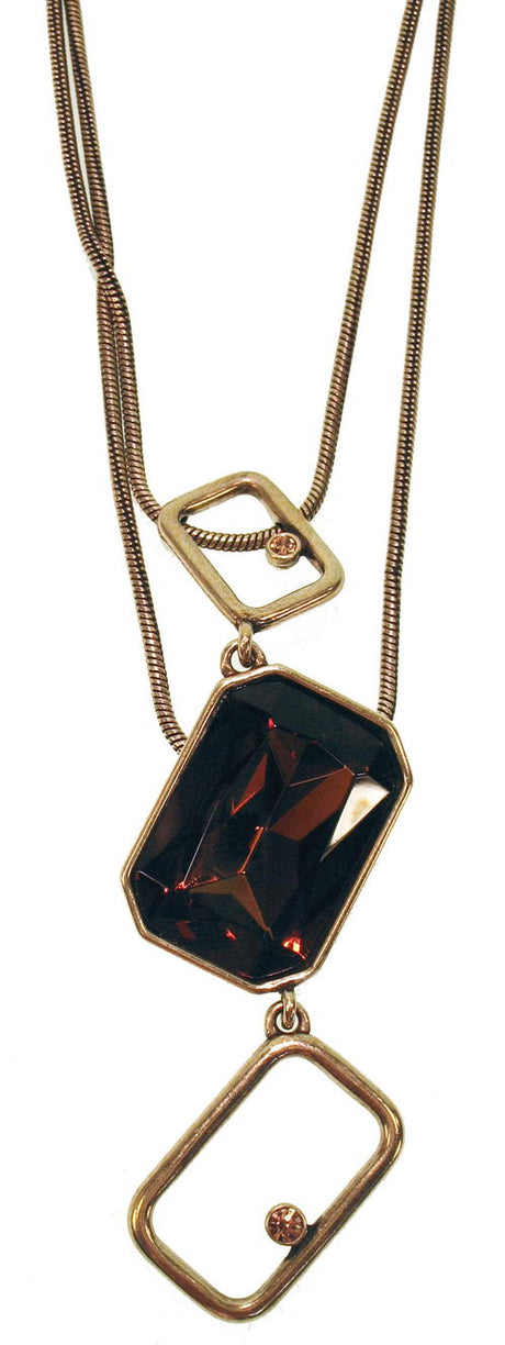 Elegant topaz rectangular crystal necklace with oxidized bronze frame, adjustable 16-19 inch chain for versatile wear.