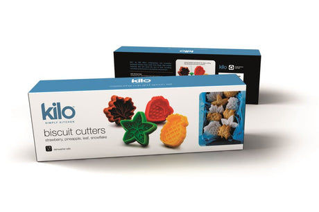 Set of four Kilo pastry cutters in leaf, pineapple, and strawberry shapes, featuring spring-loaded designs for precise cutting.