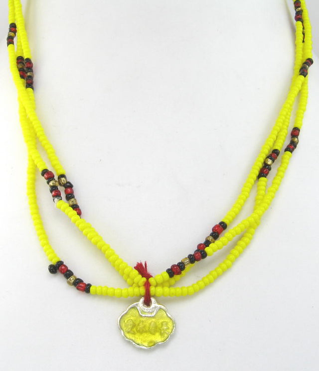 Three-strand yellow 'Joy' beads necklace, radiating warmth and happiness, perfect for any occasion.