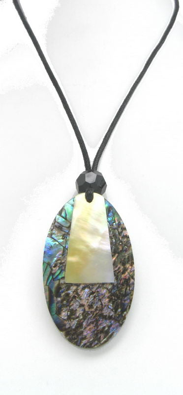 Iridescent oval paua shell necklace on black cord, showcasing ocean-inspired colors for unique style and elegance.