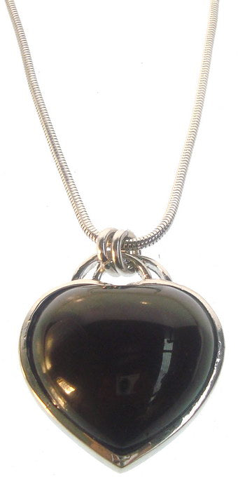 Elegant black heart pendant necklace with sparkling stone, 32-inch rhodium plated chain, adjustable for a perfect fit.