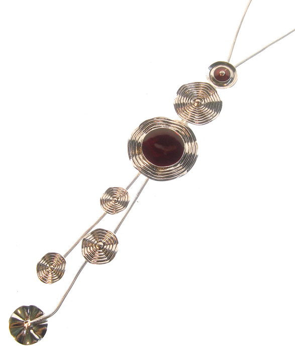 Long red necklace with epoxy stone, antique silver plating, and adjustable chain, perfect for elevating any outfit.