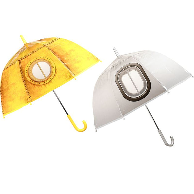 Set of 4 colorful kids' umbrellas with transparent peek-a-boo windows for fun rainy day adventures.