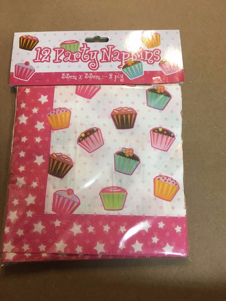 Vibrant cupcake napkins pack of 12, 33x33cm, 2-ply, perfect for birthday parties and festive gatherings.