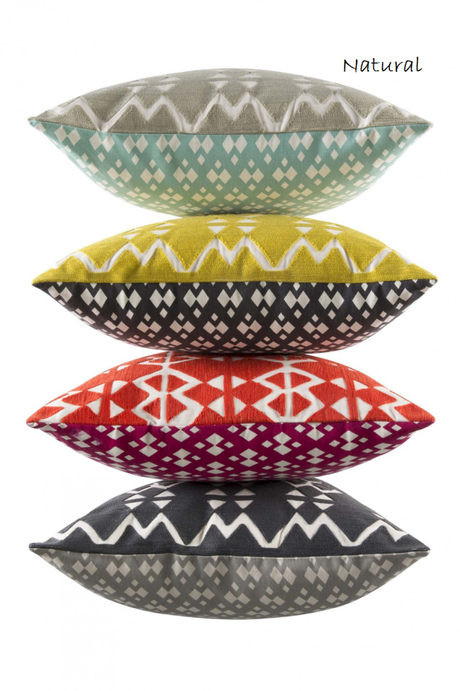 Square cushion featuring crewel embroidery on cotton canvas with contrast print, ideal for stylish home decor.