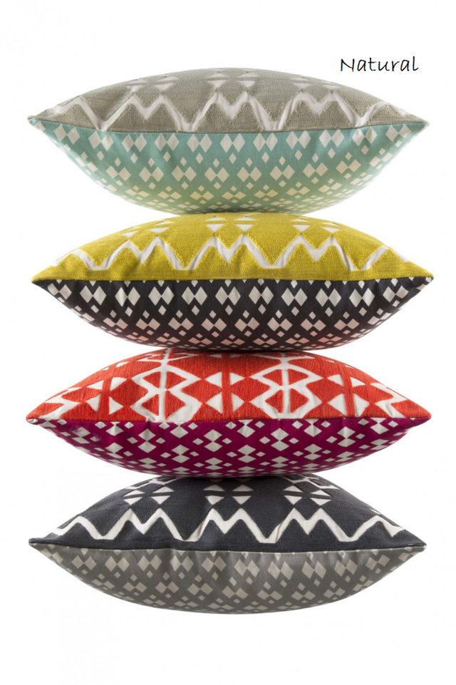 Square cushion featuring crewel embroidery on cotton canvas with contrast print, ideal for stylish home decor.