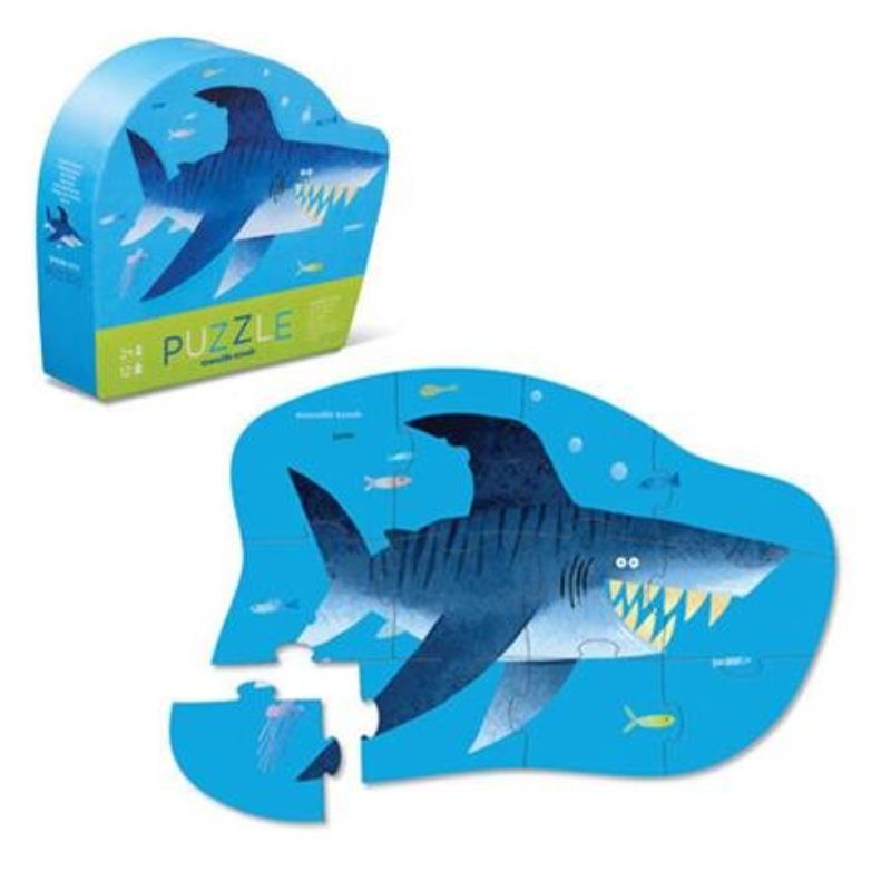 Colorful 12-piece mini jigsaw puzzle featuring friendly sharks and sea creatures, perfect for toddlers' play and learning.