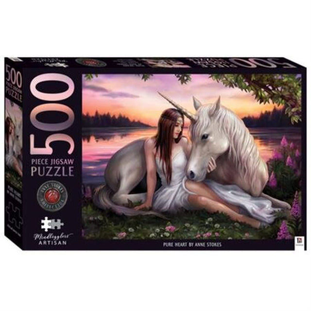 Jigsaw puzzle featuring Anne Stokes' enchanting artwork of a maiden and unicorn by a tranquil lake at sunset.