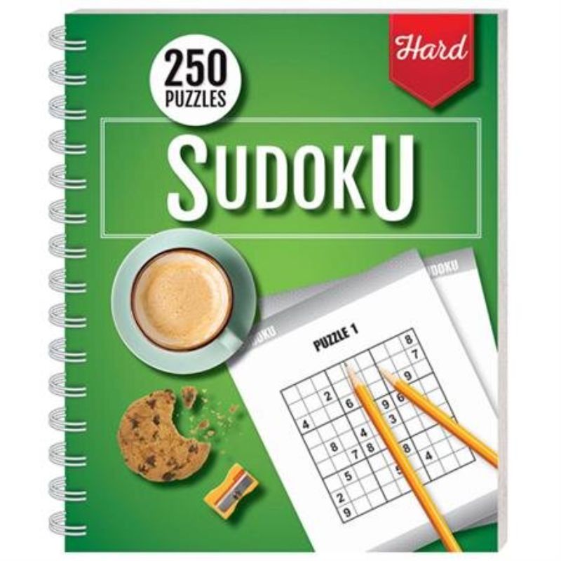 Hard Sudoku puzzle book featuring 250 challenging puzzles, spiral-bound for easy solving anywhere. Perfect for mental sharpening.