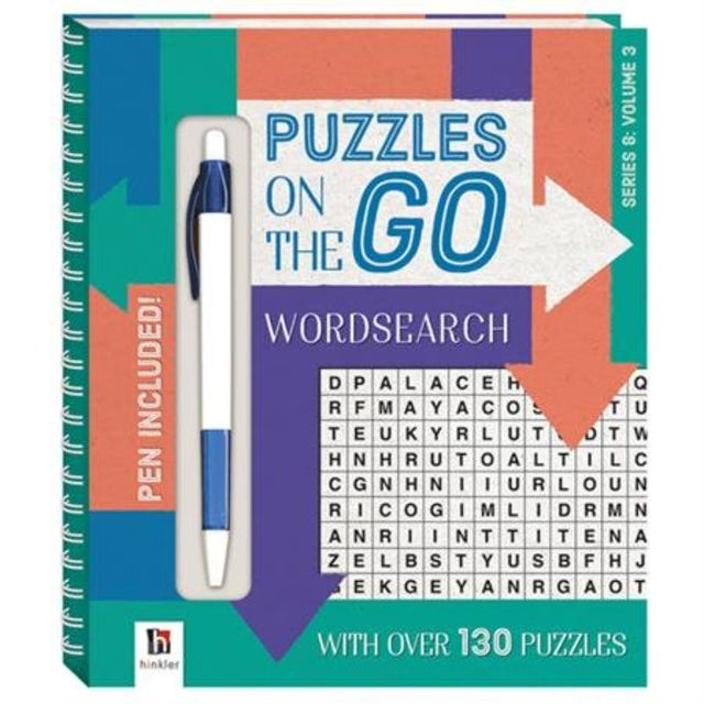 Compact word search book with 130 puzzles and pen, perfect for enhancing skills and entertainment on the go.