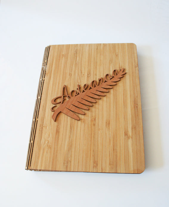 Aotearoa Notebook featuring NZ Silver Beech and Bamboo Veneer with unique pattern, perfect for jotting down ideas and sketches.