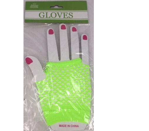 Neon green short finger-less gloves for unisex, crafted from knitted acrylic, ideal for cycling, fitness, or costume accessories.