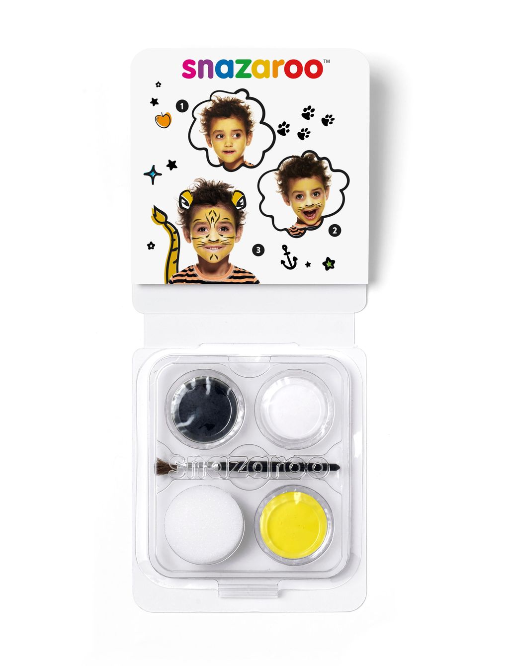 Compact SNAZAROO tiger face paint set for kids, featuring vibrant, non-toxic colors for easy application and fun creativity.