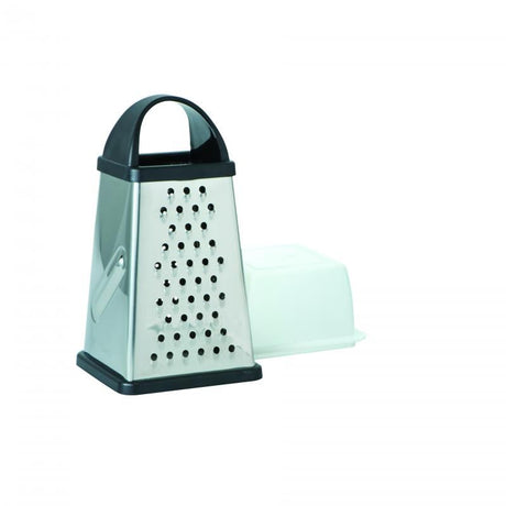 Avanti Box Grater with four stainless steel blades and storage box for easy grating of cheeses, vegetables, and chocolate.