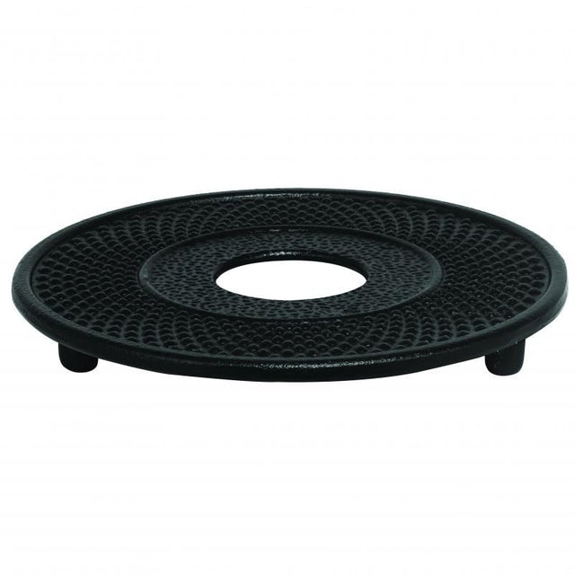 Stylish 13cm black cast iron trivet with hobnail pattern, protects surfaces from hot cookware and retains heat for serving.