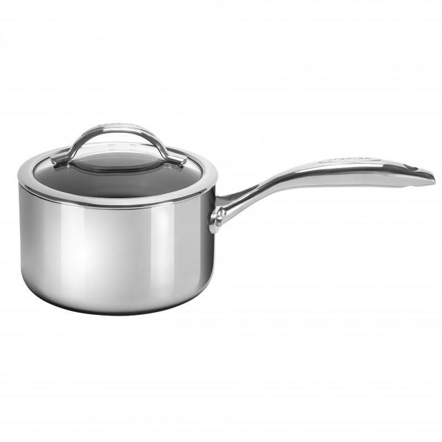 Scanpan HaptIQ 16cm saucepan in stainless steel, featuring Stratanium+ non-stick surface and cool-touch handles.