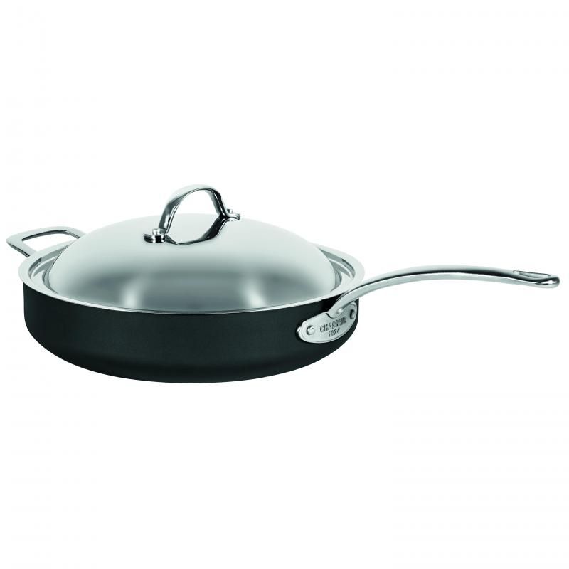 Chasseur 30cm Hard Anodised Saute Pan with lid, non-stick, lightweight, suitable for all stove types, and PFOA-free.