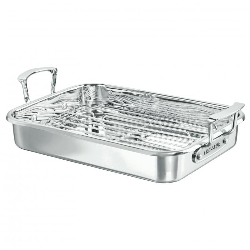 CHASSEUR stainless steel roaster (35 x 26cm) with rack, ideal for even cooking, moisture retention, and elegant design.