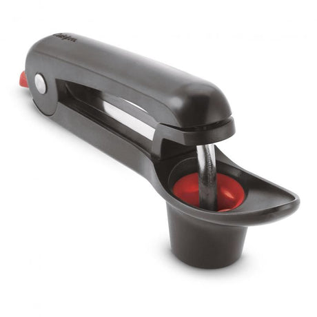 Cuisipro Cherry/Olive Pitter features a scoop design for easy one-handed pitting, splash guard, and dishwasher-safe convenience.