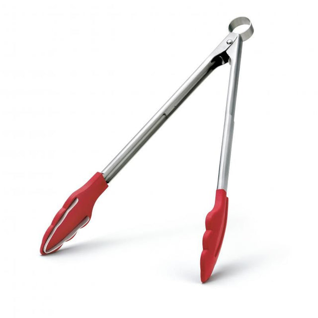 Cuisipro 24cm red silicone tongs with teeth for secure gripping, featuring a push-pull locking mechanism for easy storage.