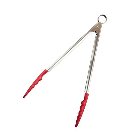 Red Cuisipro silicone locking tongs, 30.5cm, featuring a one-handed locking mechanism and heat resistance up to 575°F.