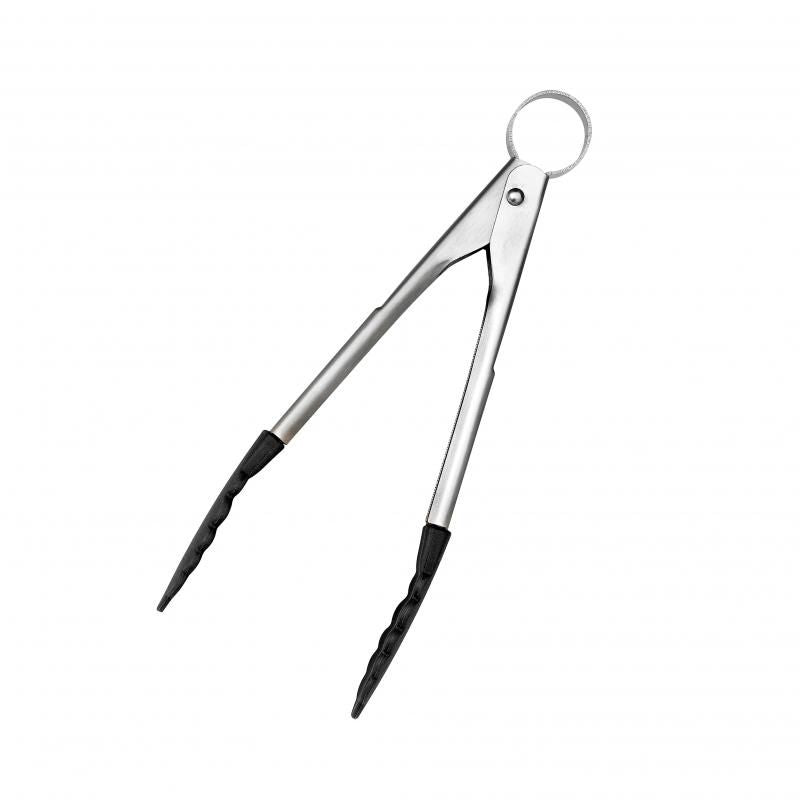 Sleek black 18cm Cuisipro mini tongs for precision gripping of small foods, featuring a patented locking mechanism and stainless steel design.