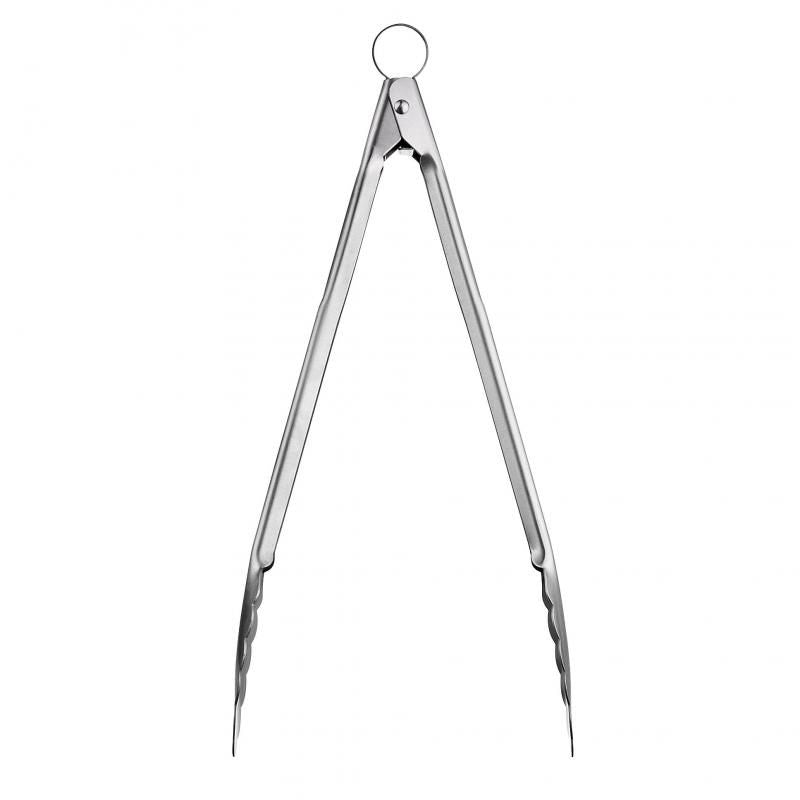 Stainless steel 30.5cm Cuisipro locking tongs with one-handed operation and hanging loop, perfect for grilling and serving.